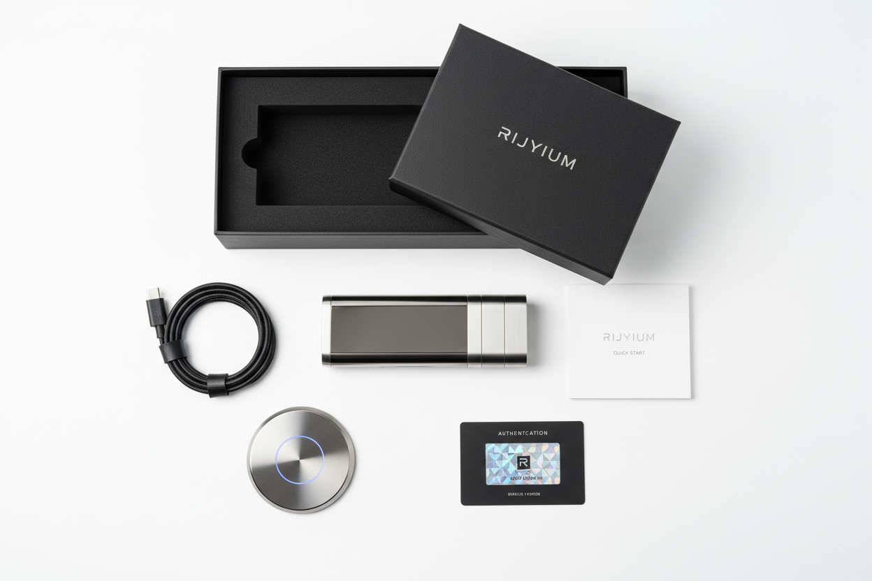 What’s in the Box

➡️ 1 × Rijyium™ Device
Precision-machined, factory calibrated

➡️ 1 × USB-C Charging Cable
Fast, universal charging support

➡️ 1 × Magnetic Desk / Surface Dock
Allows optimal placement for maximum effectiveness

➡️ 1 × Quick Start Guide
Minimal setup — place, power on, done

➡️ 1 × Authentication & Calibration Card
Confirms originality and factory tuning

➡️ 1 × Premium Protective Packaging
Luxury-grade box designed for storage or gifting